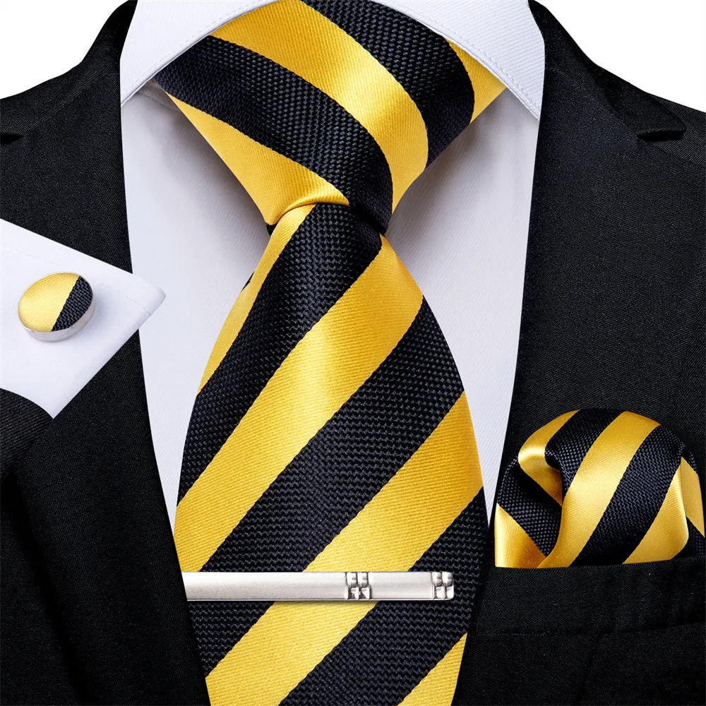 Ties2you Black Yellow Striped Men's Tie Pocket Square Cufflinks Set sold by Ties2You product image thumbnail 2
