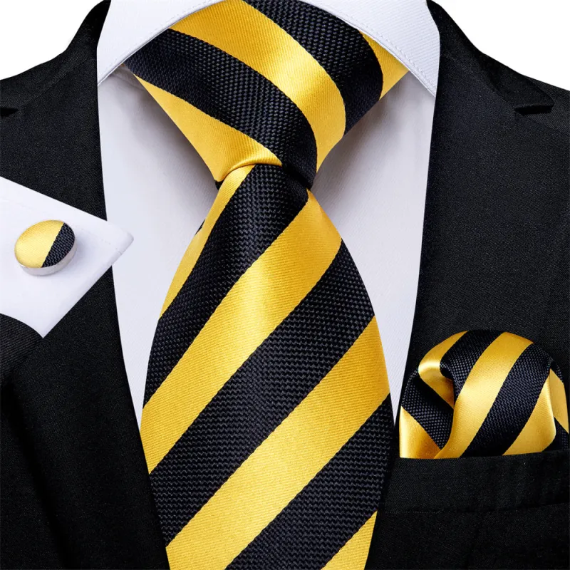 Ties2you Black Yellow Striped Men's Tie Pocket Square Cufflinks Set sold by Ties2You