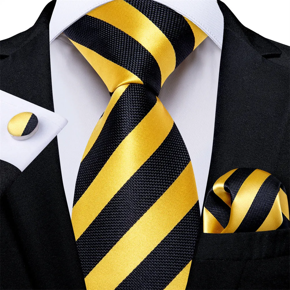 Ties2you Black Yellow Striped Men's Tie Pocket Square Cufflinks Set sold by Ties2You