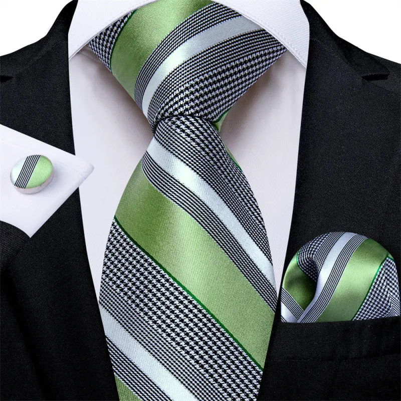 Ties2you Green Silver Striped Houndstooth Men's Tie Pocket Square Cufflinks Set sold by Ties2You