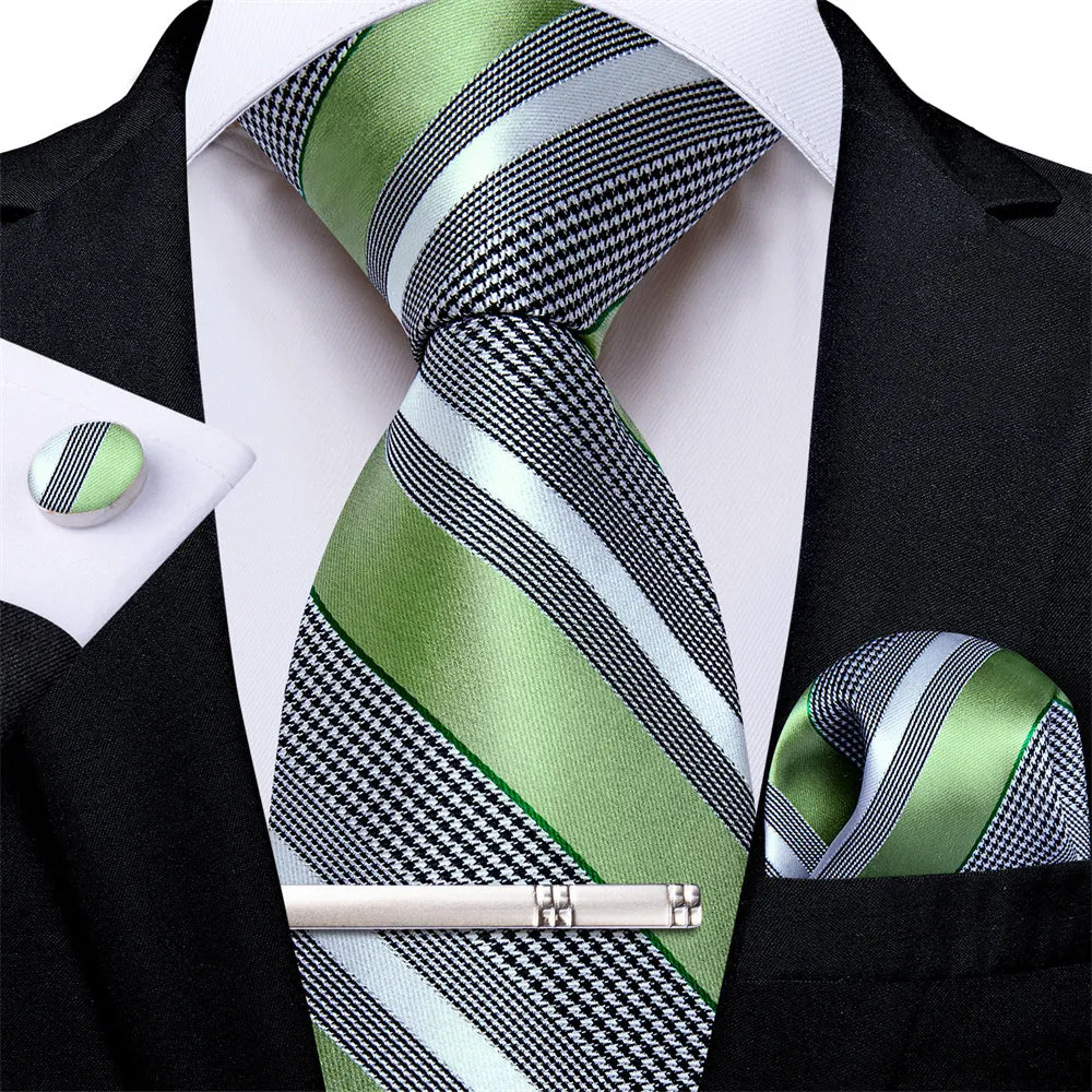 Ties2you Green Silver Striped Houndstooth Men's Tie Pocket Square Cufflinks Set sold by Ties2You product image thumbnail 2