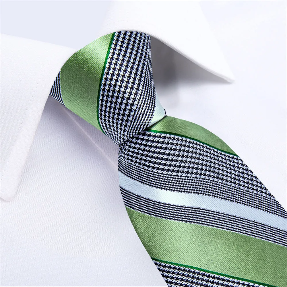Ties2you Green Silver Striped Houndstooth Men's Tie Pocket Square Cufflinks Set sold by Ties2You product image thumbnail 5
