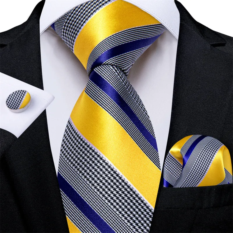 Ties2you Yellow Blue Striped Houndstooth Men's Tie Pocket Square Cufflinks Set sold by Ties2You