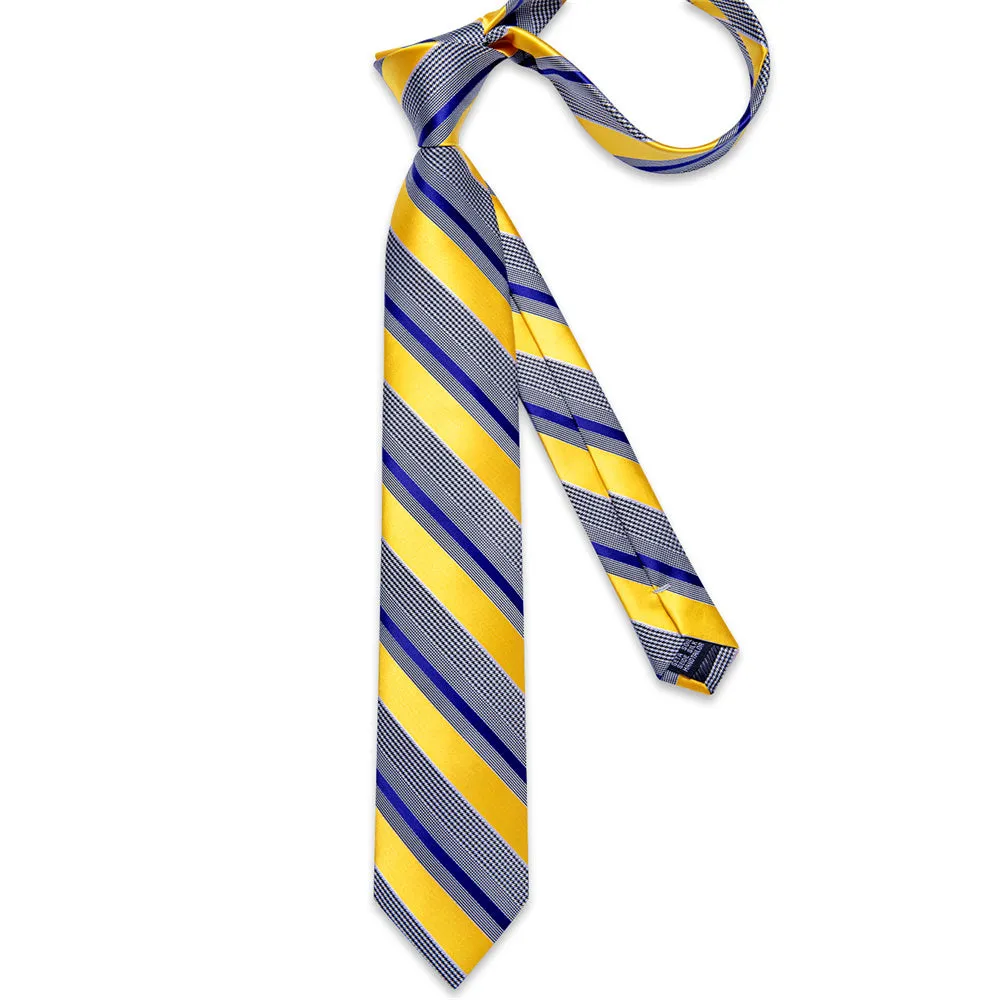 Ties2you Yellow Blue Striped Houndstooth Men's Tie Pocket Square Cufflinks Set sold by Ties2You product image thumbnail 4