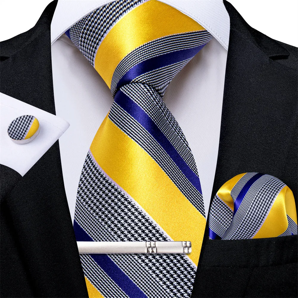 Ties2you Yellow Blue Striped Houndstooth Men's Tie Pocket Square Cufflinks Set sold by Ties2You product image thumbnail 2