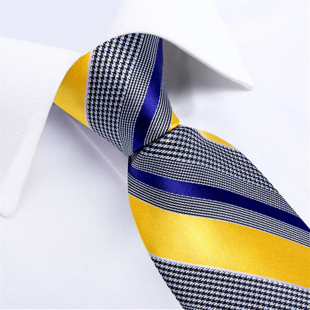 Ties2you Yellow Blue Striped Houndstooth Men's Tie Pocket Square Cufflinks Set sold by Ties2You product image thumbnail 5