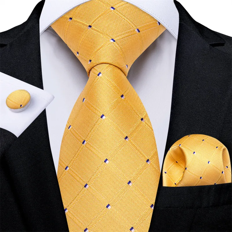 Ties2you Necktie Yellow Plaid Men's Tie Pocket Square Cufflinks Set sold by Ties2You