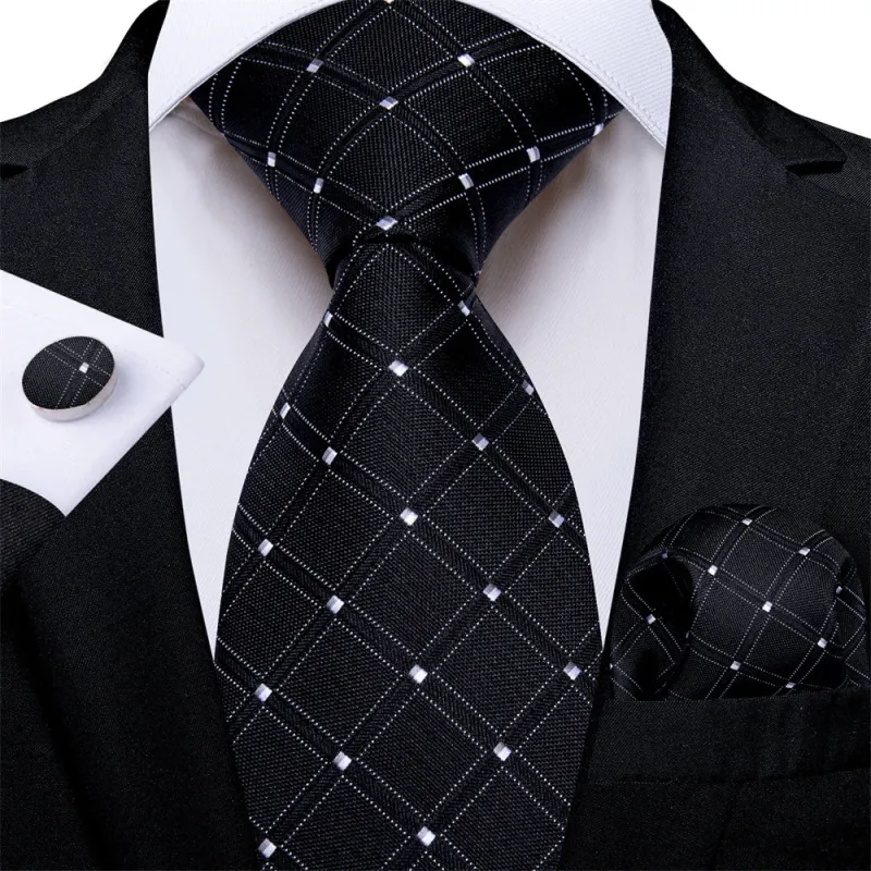 Ties2you Necktie Black Plaid Men's Tie Pocket Square Cufflinks Set sold by Ties2You