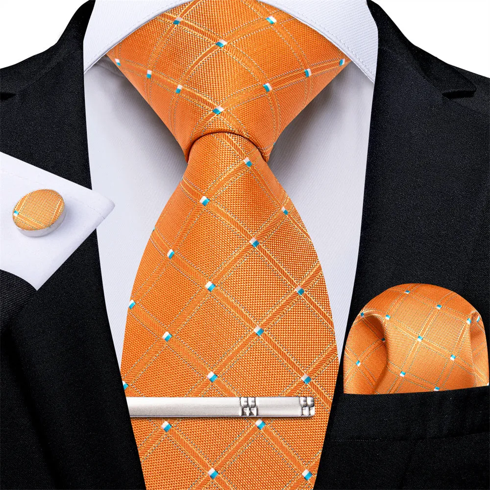 Ties2you Necktie Orange Plaid Men's Tie Pocket Square Cufflinks Set sold by Ties2You product image thumbnail 2