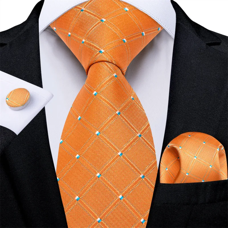 Ties2you Necktie Orange Plaid Men's Tie Pocket Square Cufflinks Set sold by Ties2You