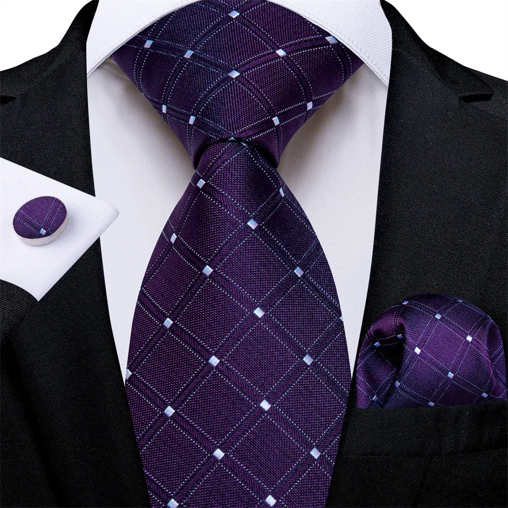 Ties2you Deep Purple Plaid Men's Tie Pocket Square Cufflinks Set sold by Ties2You