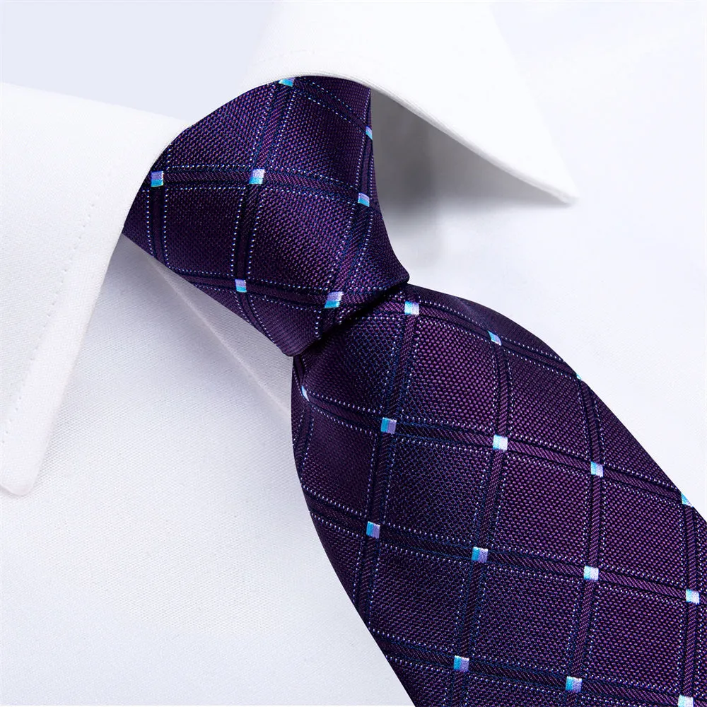 Ties2you Deep Purple Plaid Men's Tie Pocket Square Cufflinks Set sold by Ties2You product image thumbnail 3