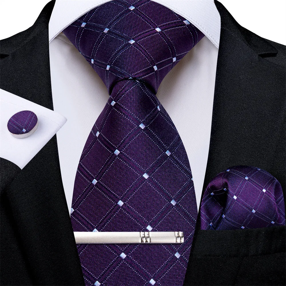 Ties2you Deep Purple Plaid Men's Tie Pocket Square Cufflinks Set sold by Ties2You product image thumbnail 2