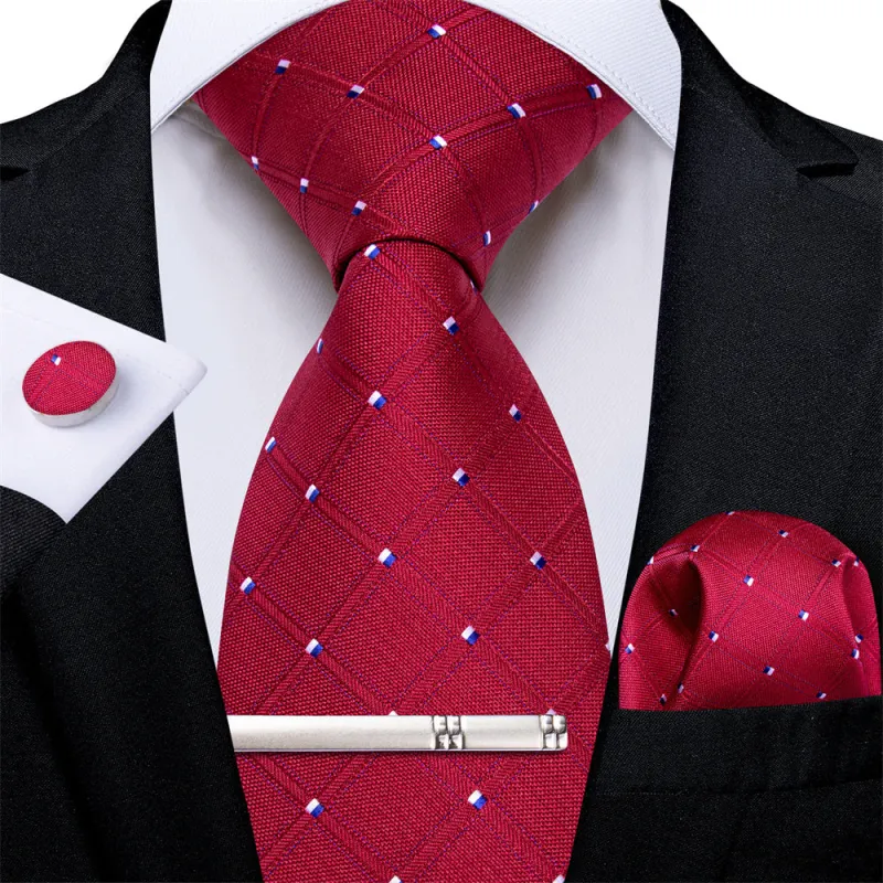 Ties2you Red Plaid Men's Tie Pocket Square Cufflinks Tie Clip Set sold by Ties2You