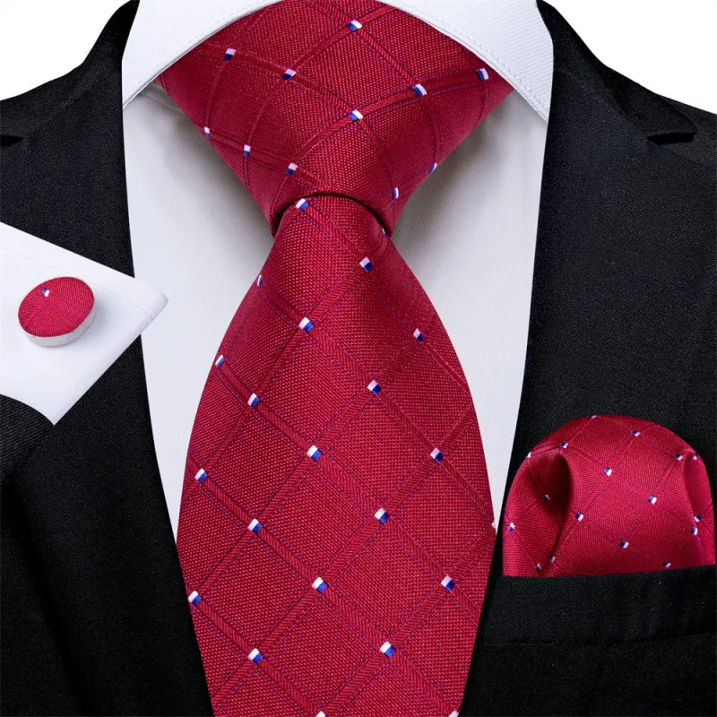 Ties2you Necktie Red Plaid Men's Tie Pocket Square Cufflinks Set sold by Ties2You