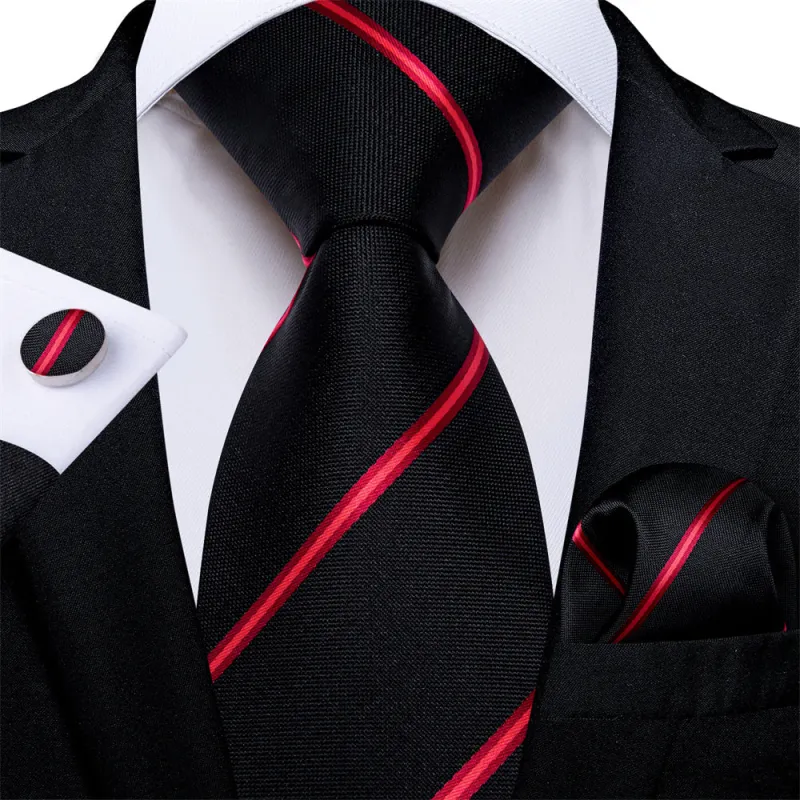 Ties2you Mens Tie Black Red Striped Necktie Pocket Square Cufflinks Set sold by Ties2You