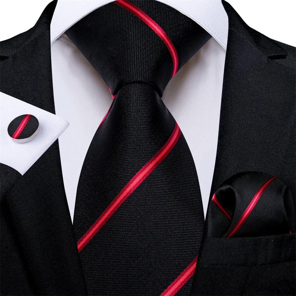 Ties2you Mens Tie Black Red Striped Necktie Pocket Square Cufflinks Set sold by Ties2You