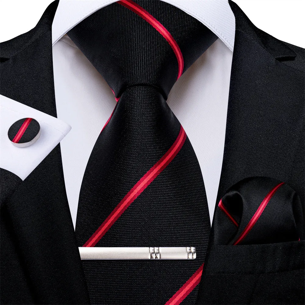 Ties2you Mens Tie Black Red Striped Necktie Pocket Square Cufflinks Set sold by Ties2You product image thumbnail 2