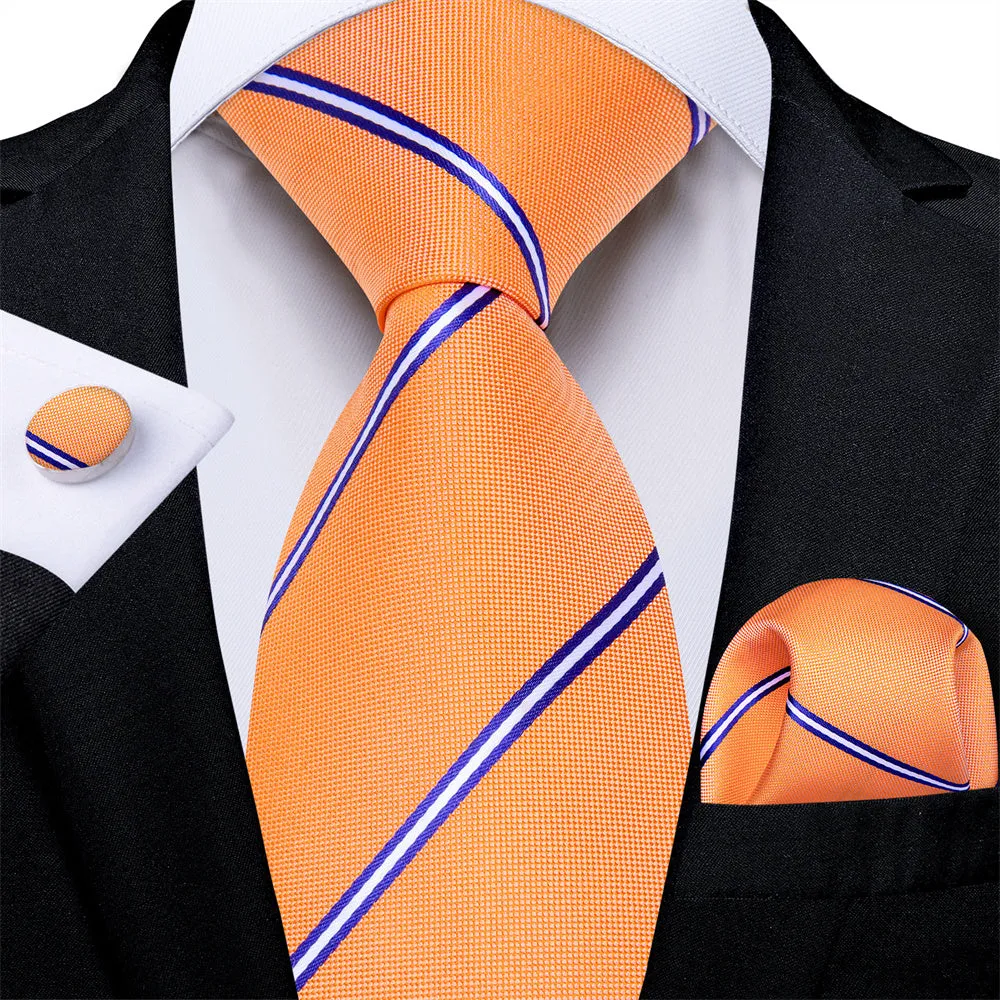 Ties2you Orange Tie with Blue and White Stripes Men's Tie Hanky Cufflinks Set sold by Ties2You
