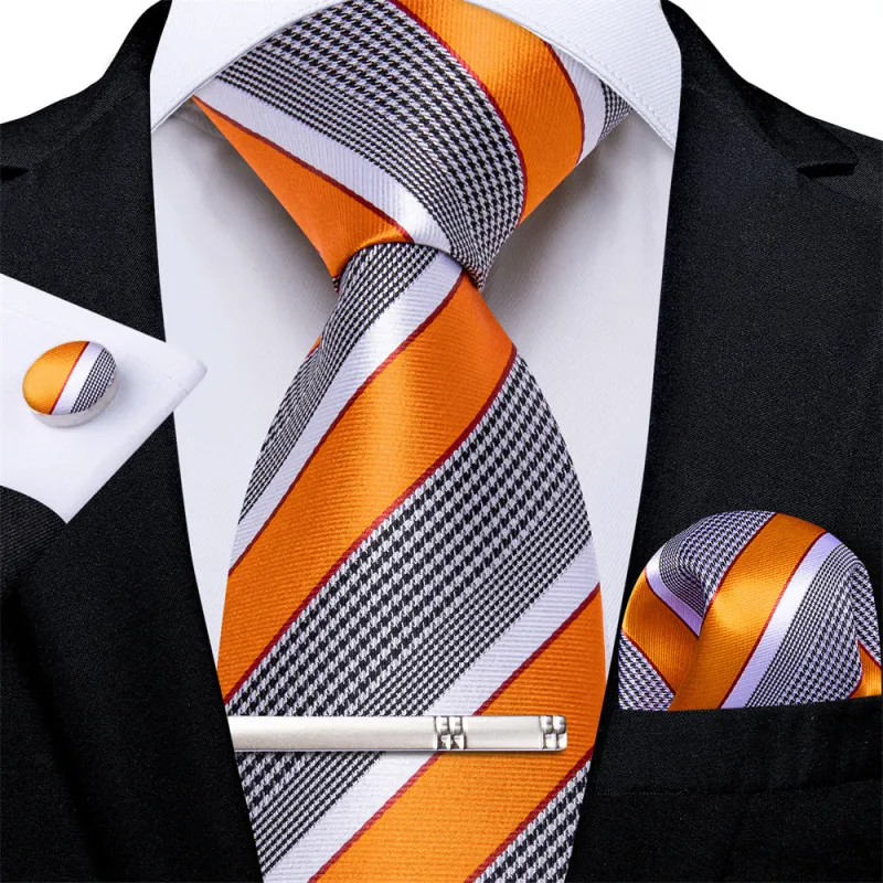 Ties2you Orange White Striped Houndstooth Necktie Hanky Cufflinks Tie Clip Set sold by Ties2You