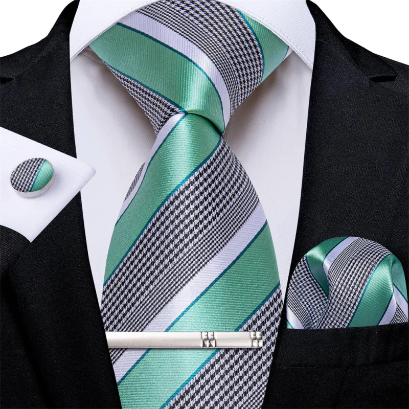 Ties2you Green White Striped Houndstooth Men's Tie Hanky Cufflinks Tie Clip Set sold by Ties2You