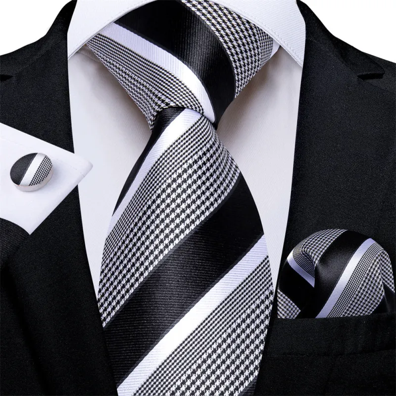 Ties2you Black White Striped Houndstooth Men's Tie Hanky Cufflinks Set sold by Ties2You