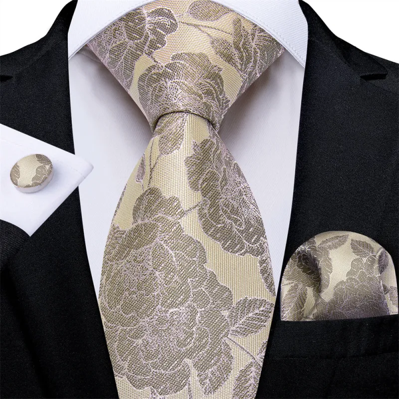 Ties2you Mens Tie Champagne Silver Floral Mens Necktie Set Pocket Square Cufflinks Set sold by Ties2You