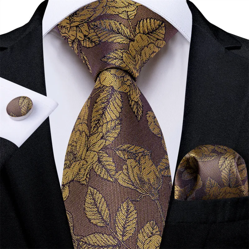 Ties2you Mens Tie Brown Gold Floral Mens Necktie Set Pocket Square Cufflinks Set sold by Ties2You