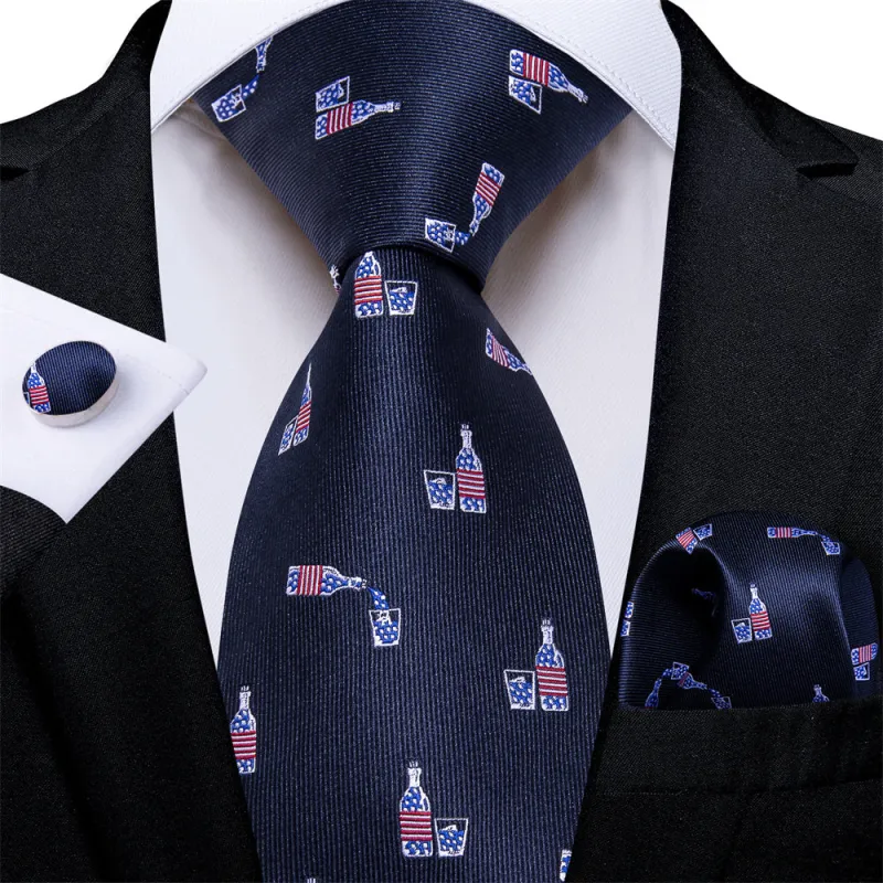 Ties2you Mens Tie Deep Blue Novelty Bottle Pattern Mens Tie Set Pocket Square Cufflinks Set sold by Ties2You