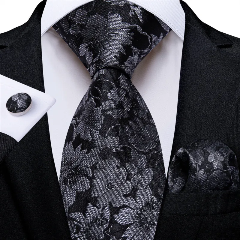 Ties2you Mens Tie Black Floral Necktie Pocket Square Cufflinks Set sold by Ties2You