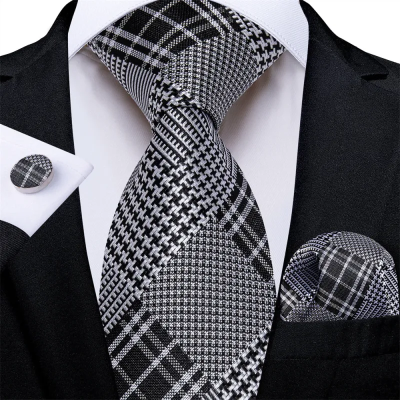 Ties2you Mens Tie Black Grey Plaid Houndstooth Necktie Hanky Cufflinks Set sold by Ties2You