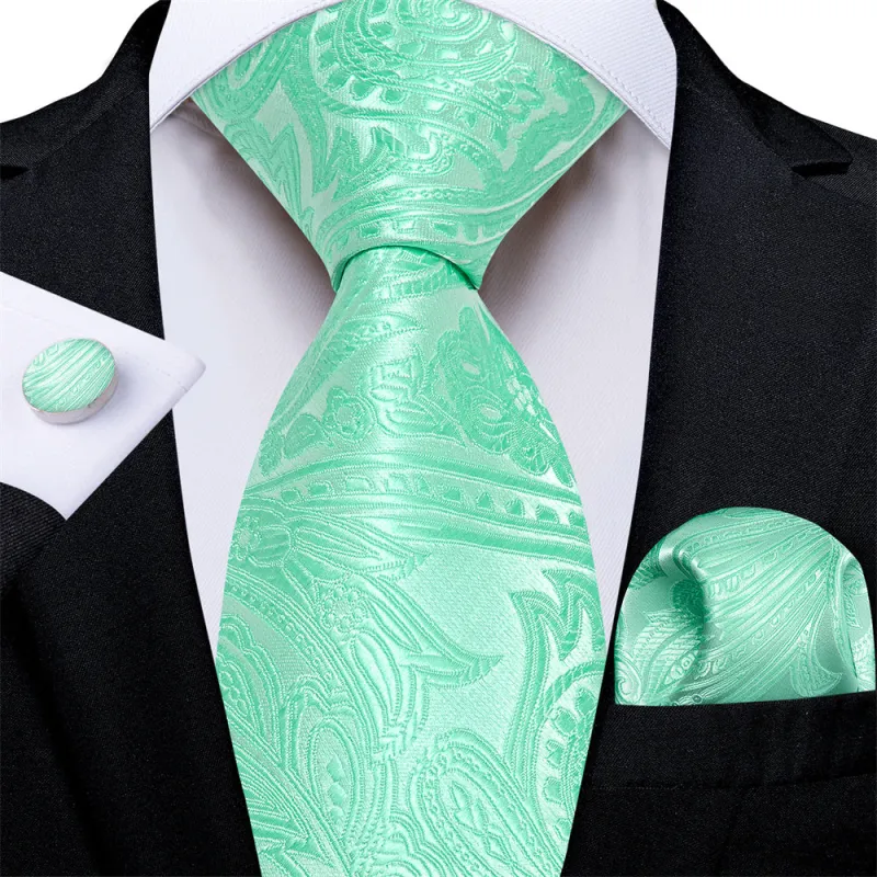 Ties2you Mens Tie Bright Green Paisley Necktie Pocket Square Cufflinks Set made by Ties2You