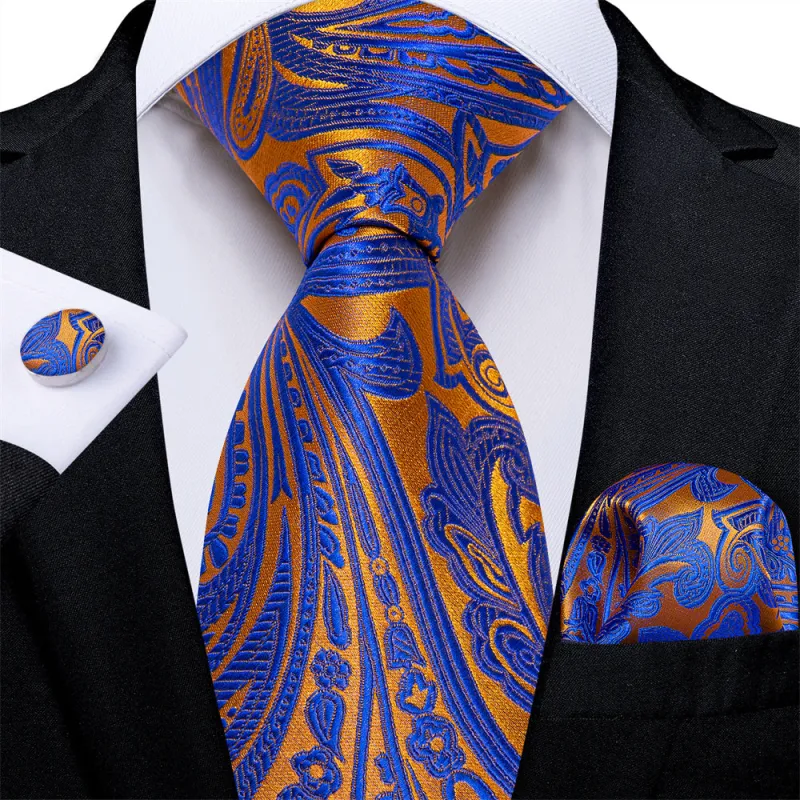 Ties2you Mens Tie Blue Gold Paisley Necktie Pocket Square Cufflinks Set sold by Ties2You