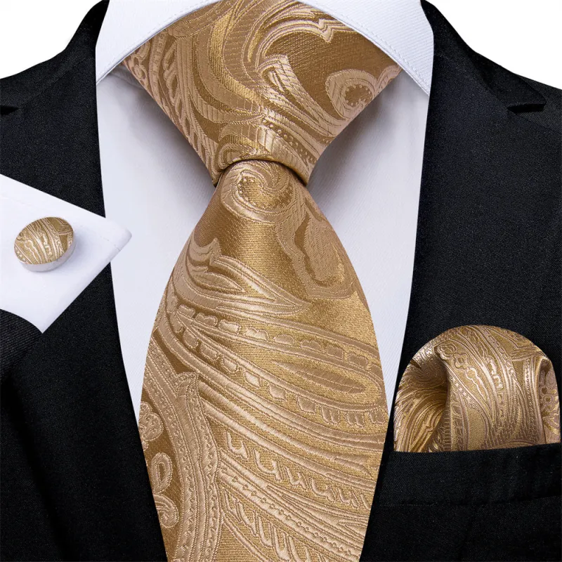 Ties2you Mens Tie Light Gold Paisley Necktie Pocket Square Cufflinks Set sold by Ties2You