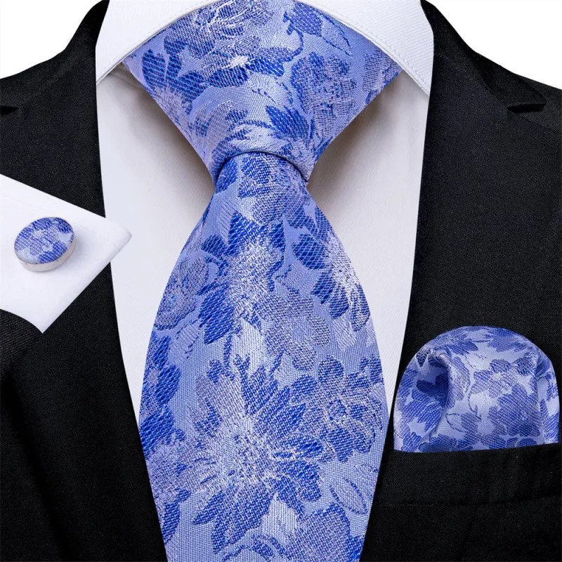 Ties2you Blue Floral Mens Necktie Set Pocket Square Cufflinks Set sold by Ties2You