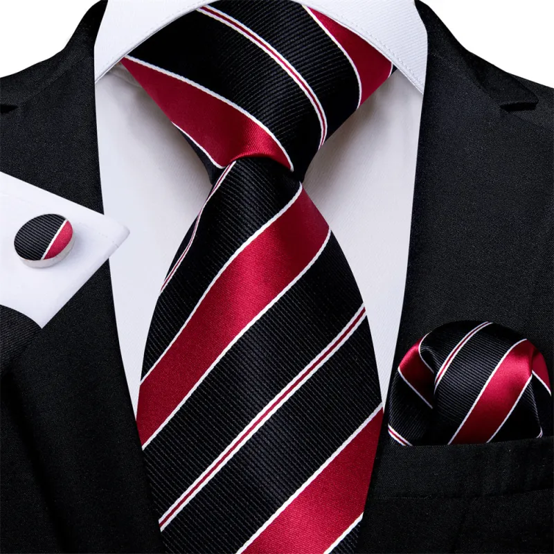 Ties2you Black Tie With Red And White Line Striped Men's Tie Hanky Cufflinks Set sold by Ties2You