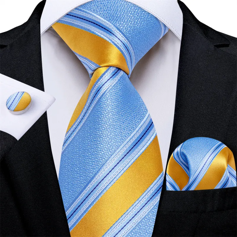 Ties2you Sky Blue Tie Yellow Line Striped Men's Tie Hanky Cufflinks Set sold by Ties2You