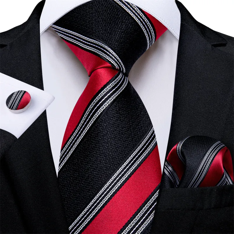 Ties2you Black Tie Red Line Striped Men's Tie Hanky Cufflinks Set sold by Ties2You