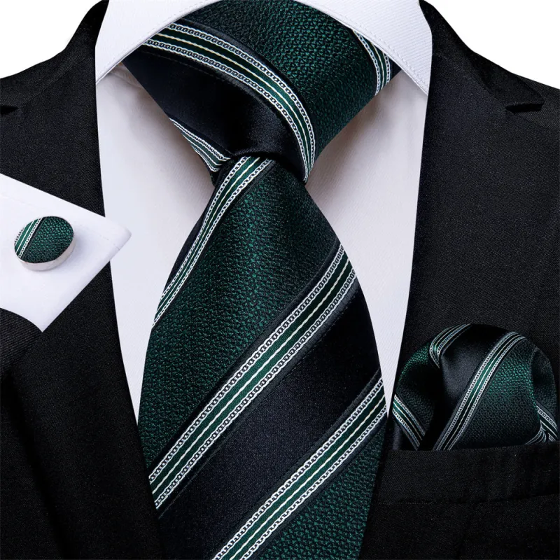Ties2you Dark Green Black Striped Men's Tie Hanky Cufflinks Set sold by Ties2You
