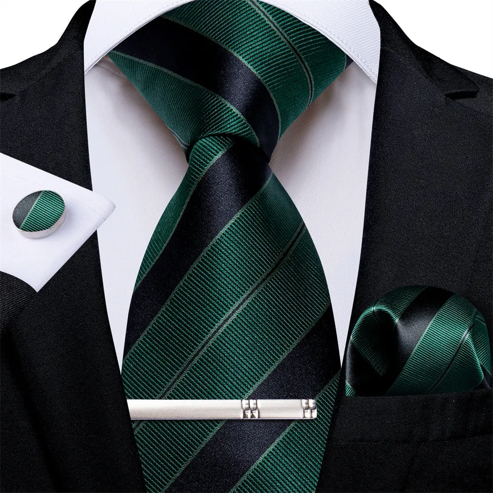 Ties2you Hunter Green Tie Black Line Striped Men's Tie Hanky Cufflinks Set sold by Ties2You product image thumbnail 2