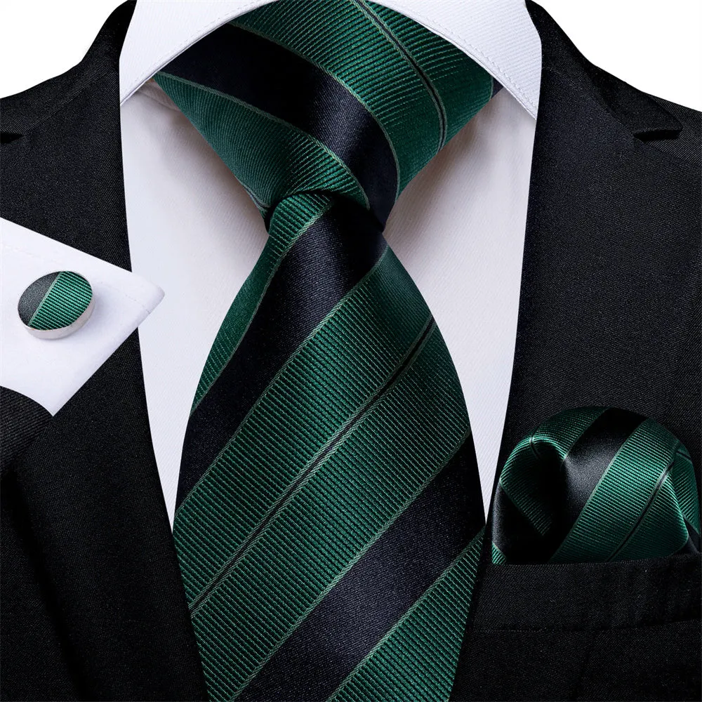 Ties2you Hunter Green Tie Black Line Striped Men's Tie Hanky Cufflinks Set sold by Ties2You