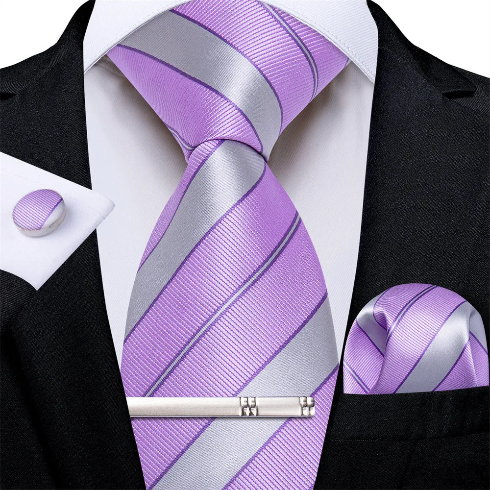 Ties2you Bright Purple Silver Striped Men's Tie Pocket Square Cufflinks Set sold by Ties2You product image thumbnail 2