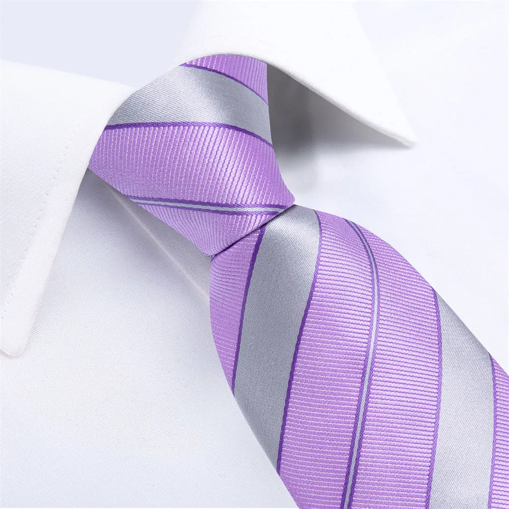 Ties2you Bright Purple Silver Striped Men's Tie Pocket Square Cufflinks Set sold by Ties2You product image thumbnail 3