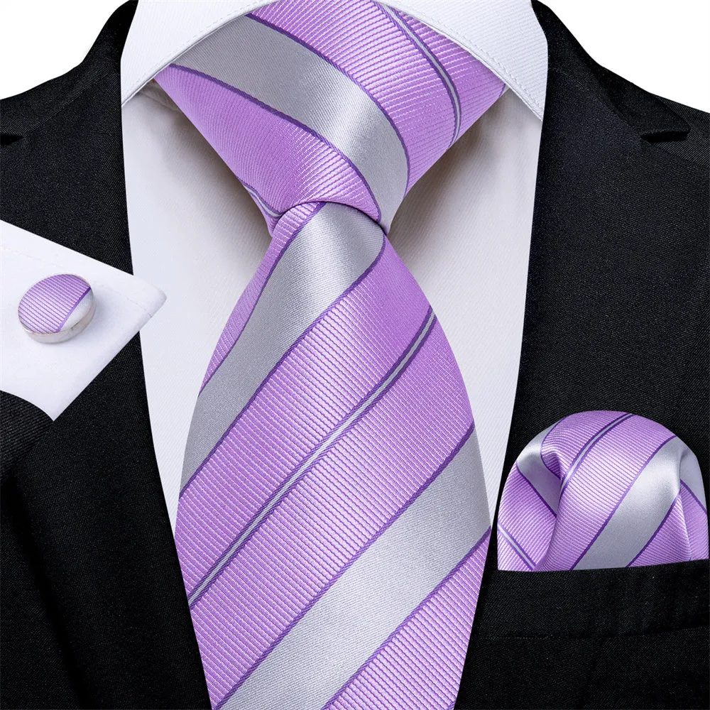 Ties2you Bright Purple Silver Striped Men's Tie Pocket Square Cufflinks Set sold by Ties2You