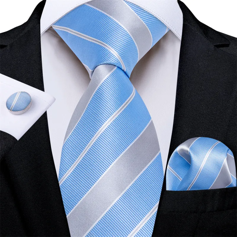 Ties2you Sky Blue Silver Striped Men's Tie Pocket Square Cufflinks Set sold by Ties2You