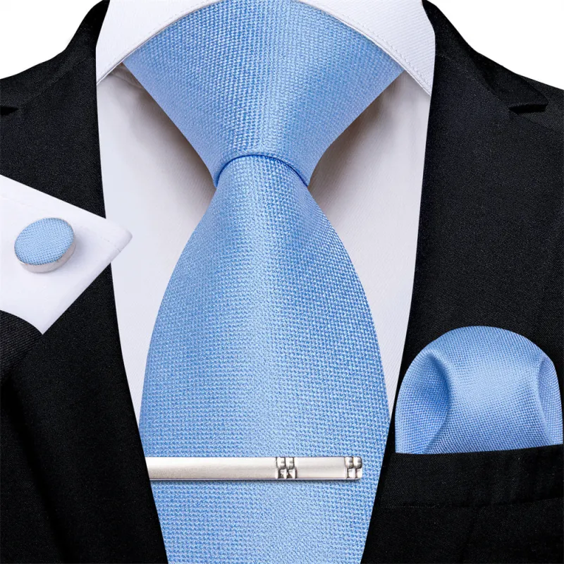 Ties2you Sky Blue Solid Men's Tie Hanky Cufflinks Tie Clip Set sold by Ties2You