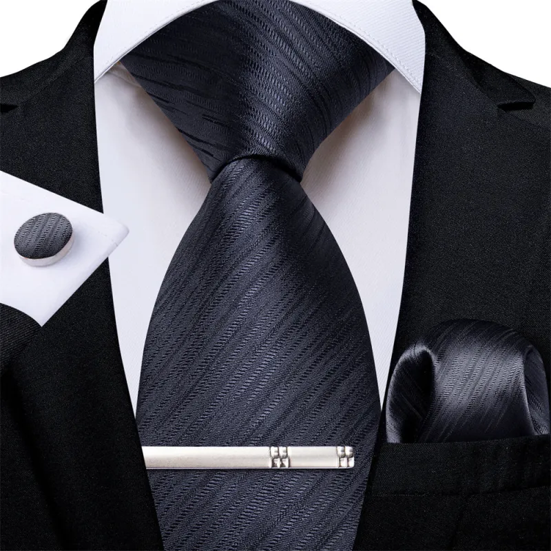 Ties2you Black Fine Striped Men's Tie Hanky Cufflinks Tie Clip Set sold by Ties2You