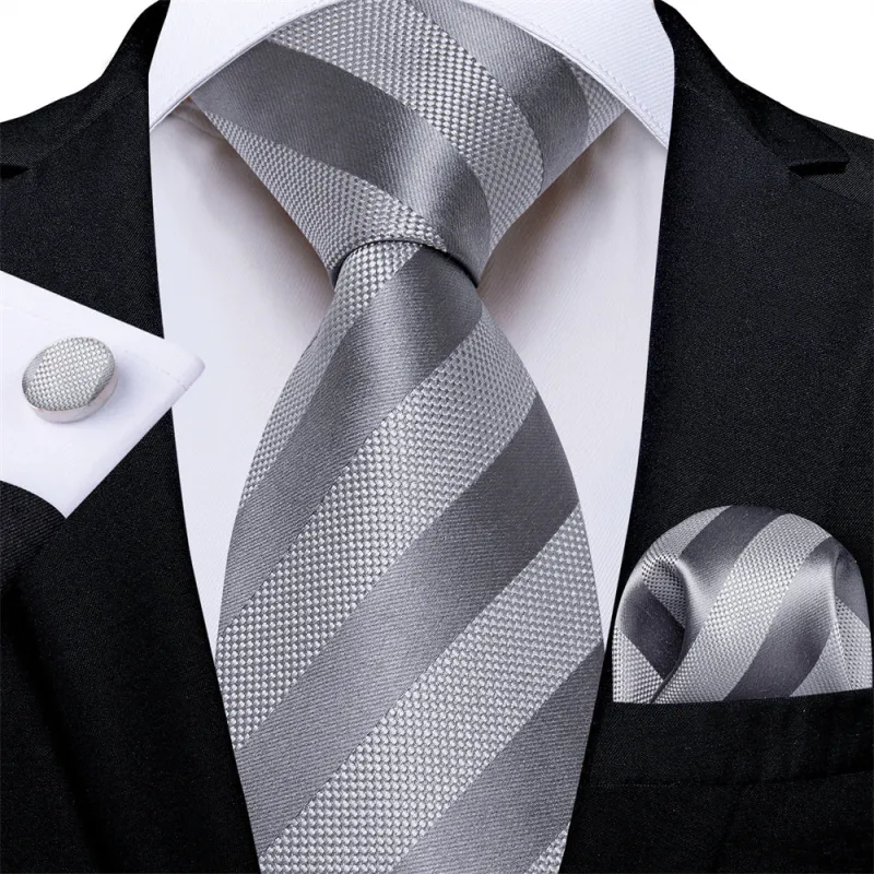 Ties2you Necktie Silver Striped Men's Tie Pocket Square Cufflinks Set sold by Ties2You