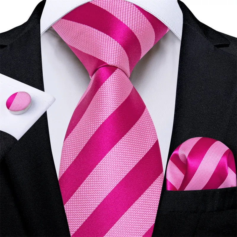 Ties2you Deep Pink Striped Men's Tie Pocket Square Cufflinks Set sold by Ties2You