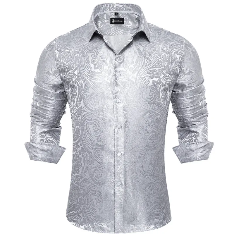Ties2you Silver Paisley Button Up Silk Long Sleeve Men's Shirt sold by Ties2You